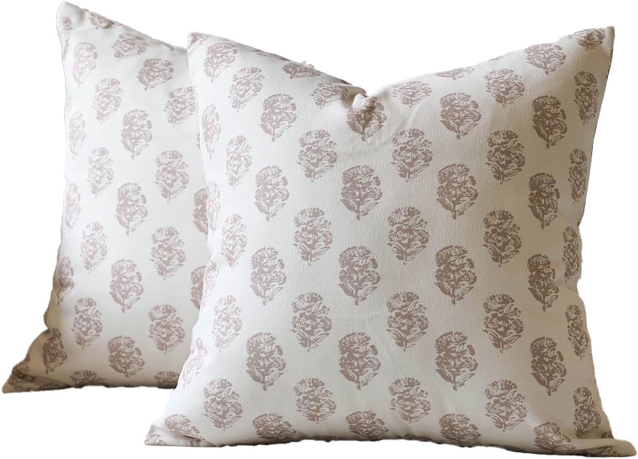 DOMVITUS Set of 2 Floral Pillow Covers 18x18, Block Print Pillow Covers Vintage Neutral Decorative Farmhouse Throw Pillow Covers for Couch Bed Living Room Light Camel - Image 8