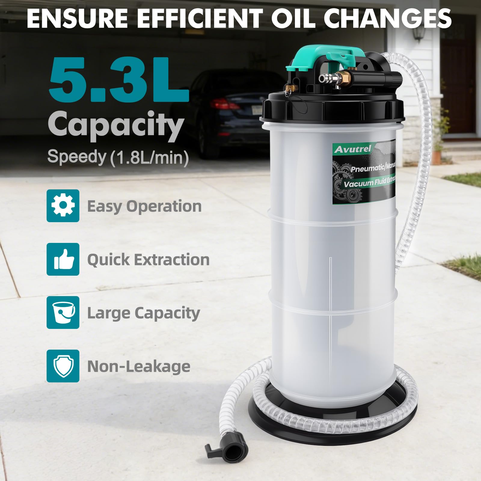 5,3 L Manuale e Pneumatico Pompa Aspirazione Olio, Pompa Estrattore Liquidi Olio, Pompa di Estrazione per Cambio Olio di Motore, con 6 Tubi Flessibili e Valvola di Sicurezza