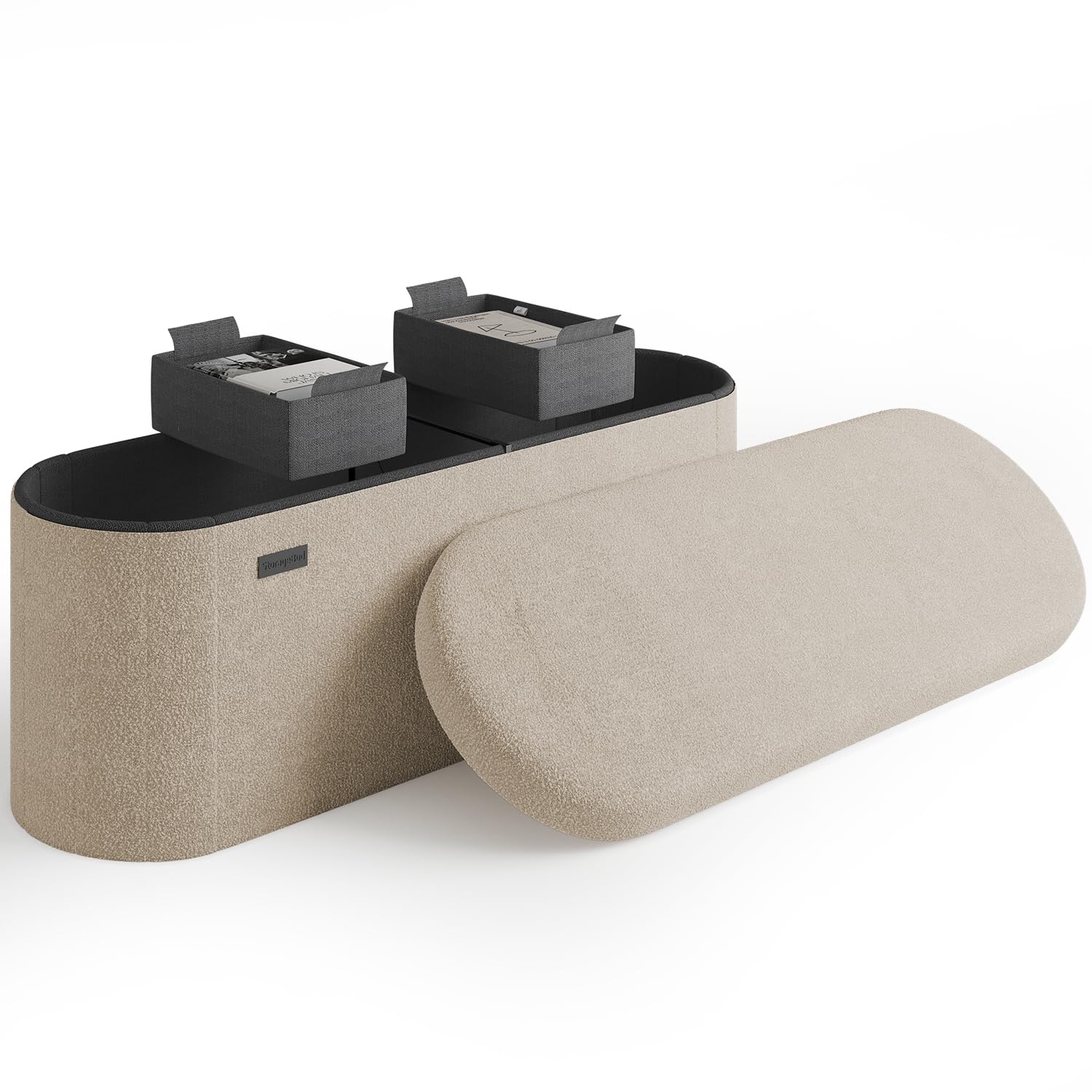 STORAGEBUD Storage Ottoman Bench, 43 Inch Storage Bench for Bedroom End of Bed, Foldable Large Ottoman Foot Rest, Entryway Benches, Boucle Oval