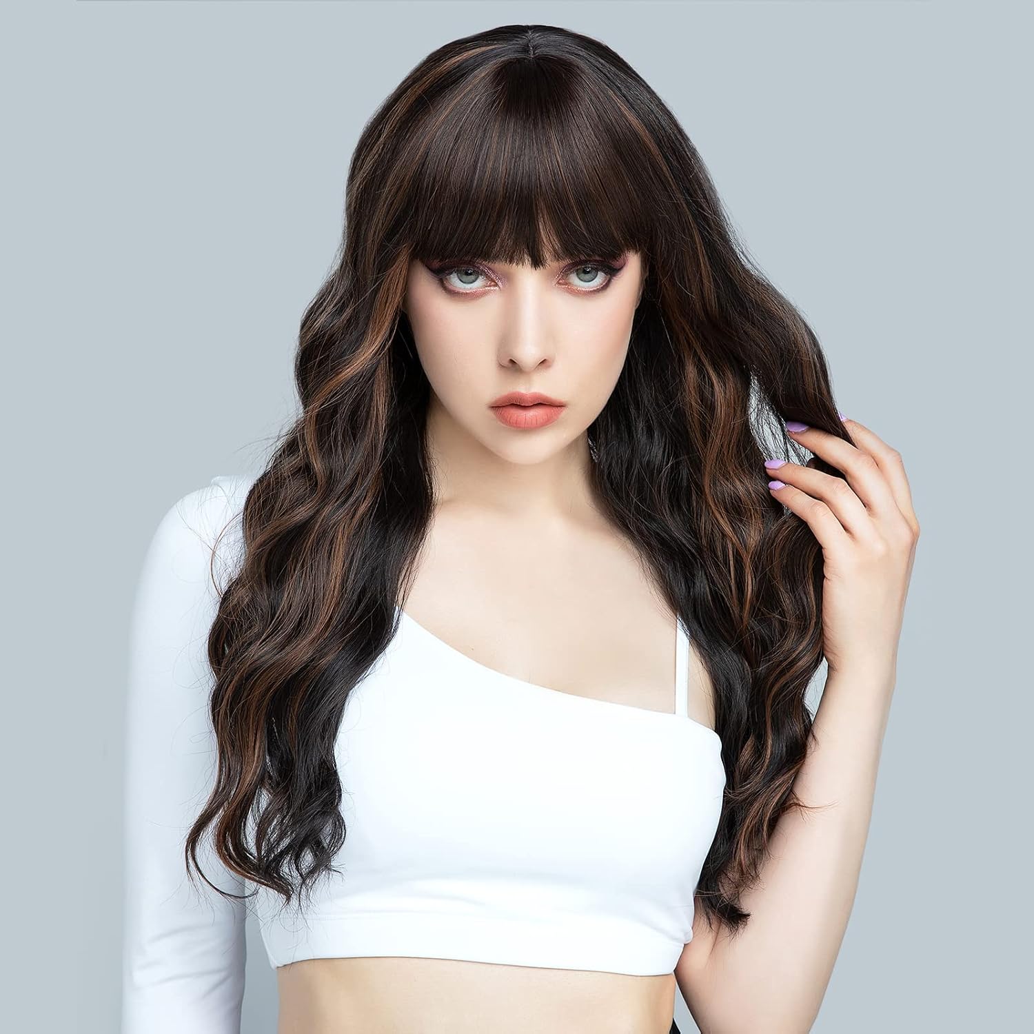 ENTRANCED STYLES Dark Brown Wig with Bangs, Long Wavy Wigs for Women Blonde Highlights Wig Natural Looking Heat Resistant Synthetic Wigs Daily Party Use