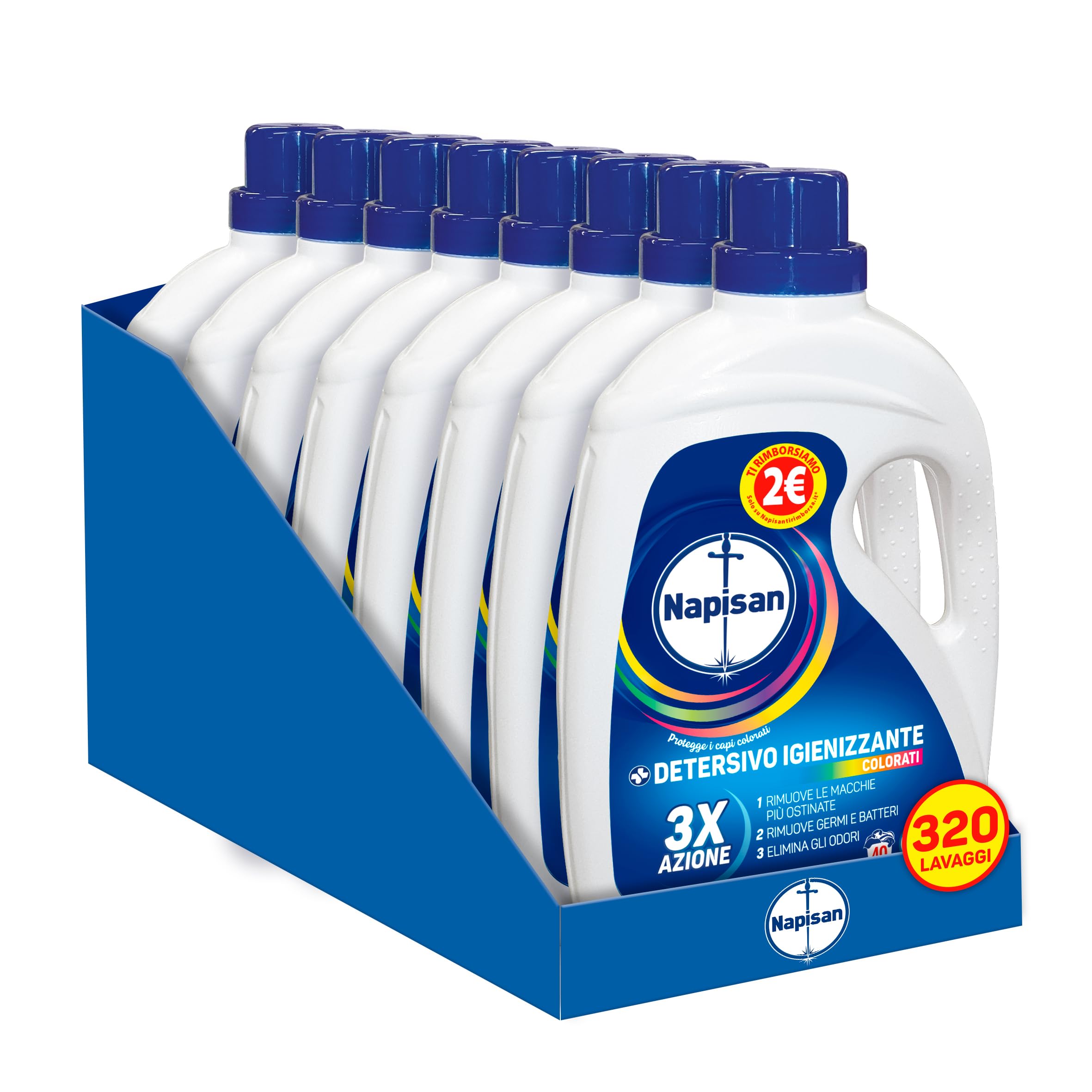 Napisan Detersivo Lavatrice Liquido Igienizzante Capi Colorati, 8 Confezioni da 2 l da 40 Lavaggi di Detersivo Lavatrice Liquido