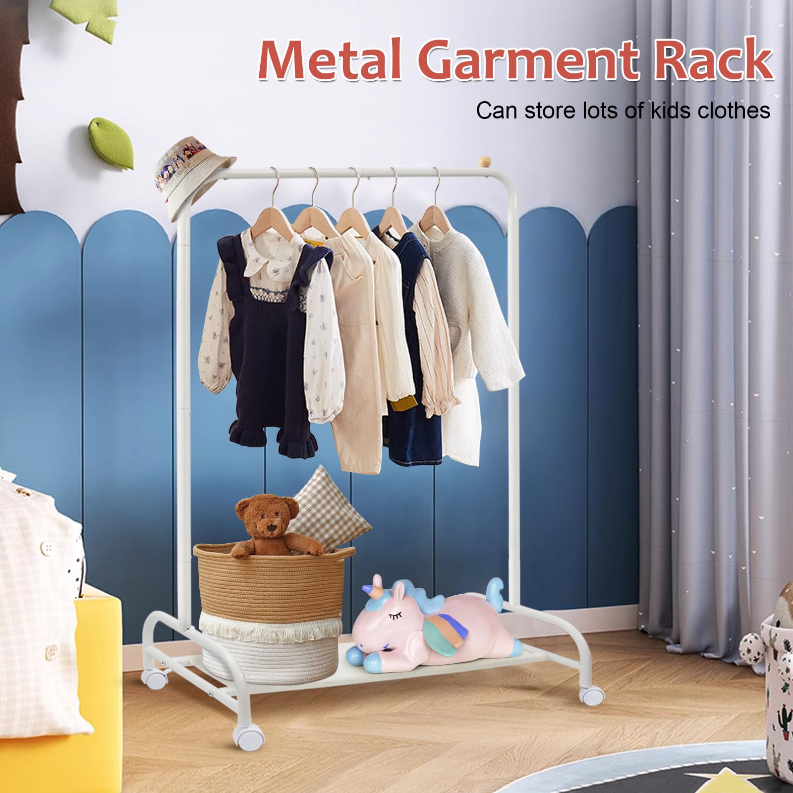 Perchero para niños, con ruedas, de metal, estable, con estante inferior, zapatero para abrigos, faldas, disfraces, color blanco