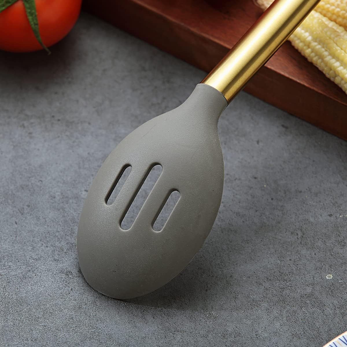 Berglander Non-stick Silicone Slotted Spoon, Titanium Gold Plated Handle, Basting Spoon, Dishwasher Safe, Easy to Clean image 5