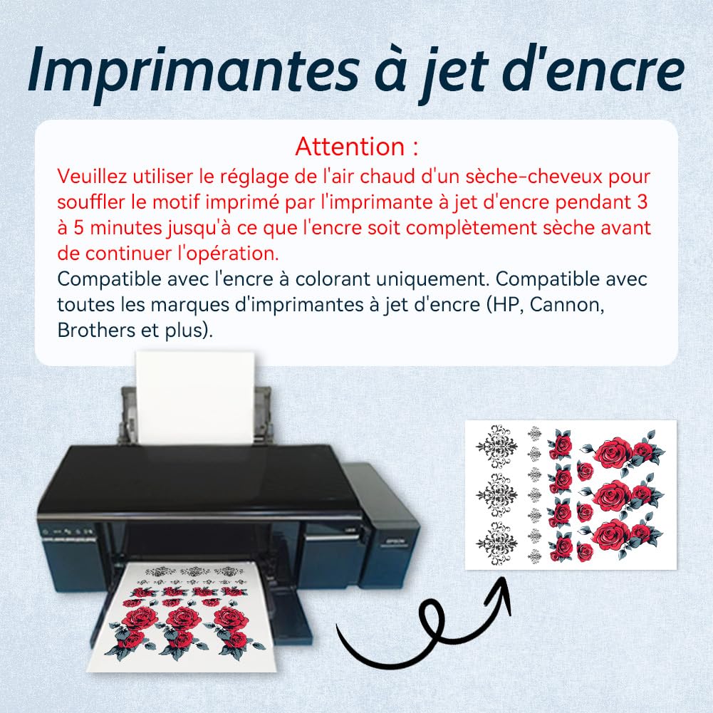 Papier Transfert Tatouage Temporaire Transparent A4, Impression Jet d'Encre & Laser, Lavable, Décalcomanie DIY, 5 Feuilles