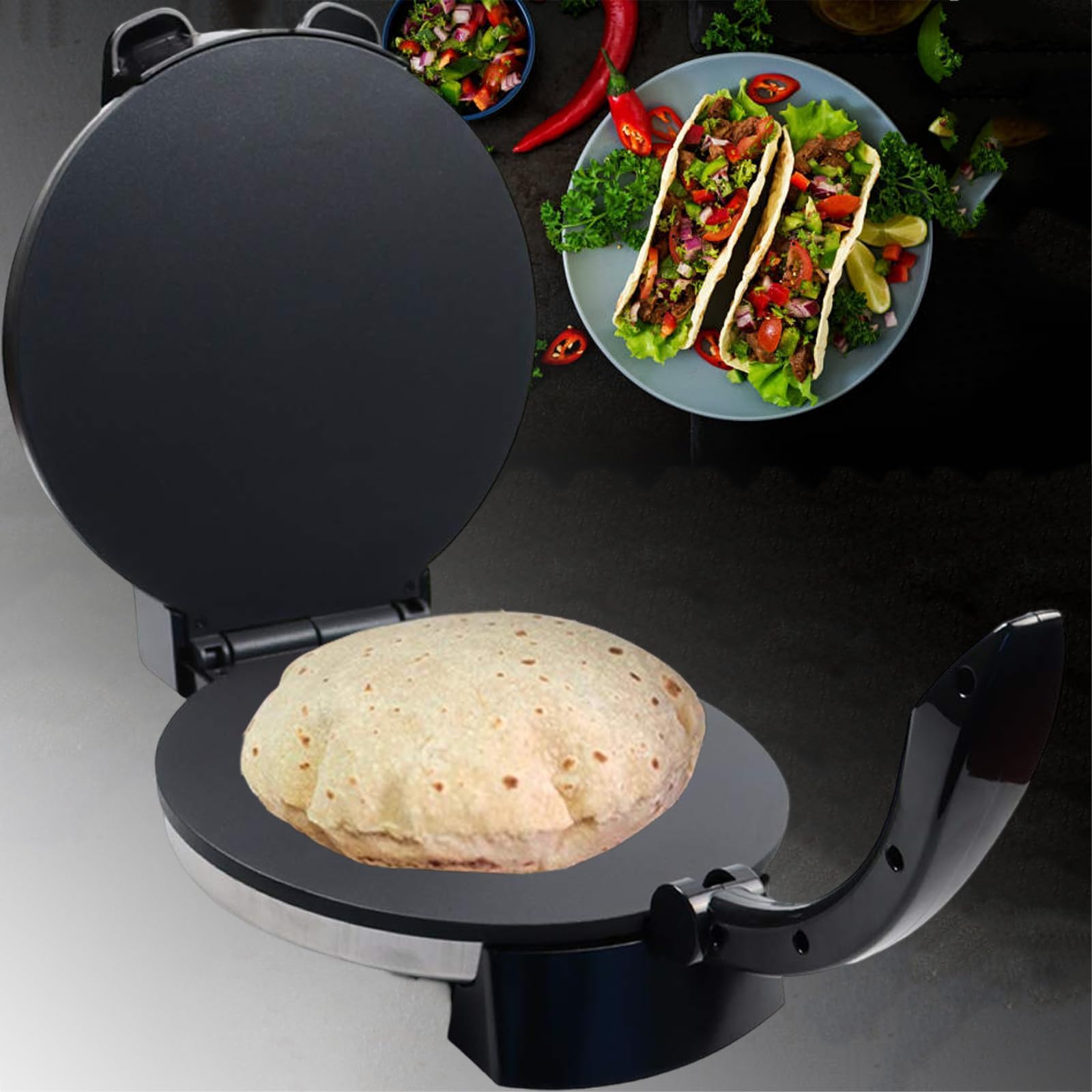 Electric Roti Maker Electric Tortilla Maker 10 Inch Electric Automatic Chapati Maker Stainless Steel Non-Stick Electric Tortilla Press with Removable Handle Can Make Chapati, Tortilla, Roti