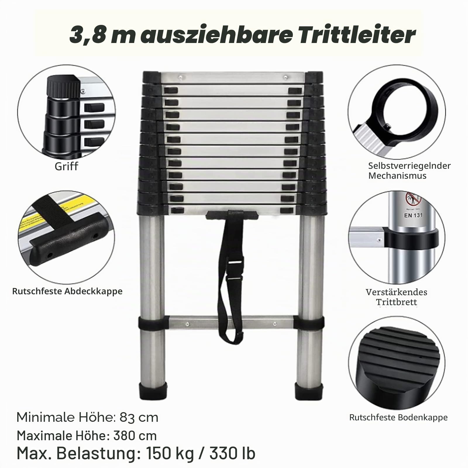 3,8 m/12,5 Fuß ausziehbare Teleskopleiter – strapazierfähige Edelstahl-Mehrzweck-Leiter für Dachboden, Garten, Dach und Treppen, einziehbare Leiter mit Sicherheitsknopf, verstellbare Stufe, zum