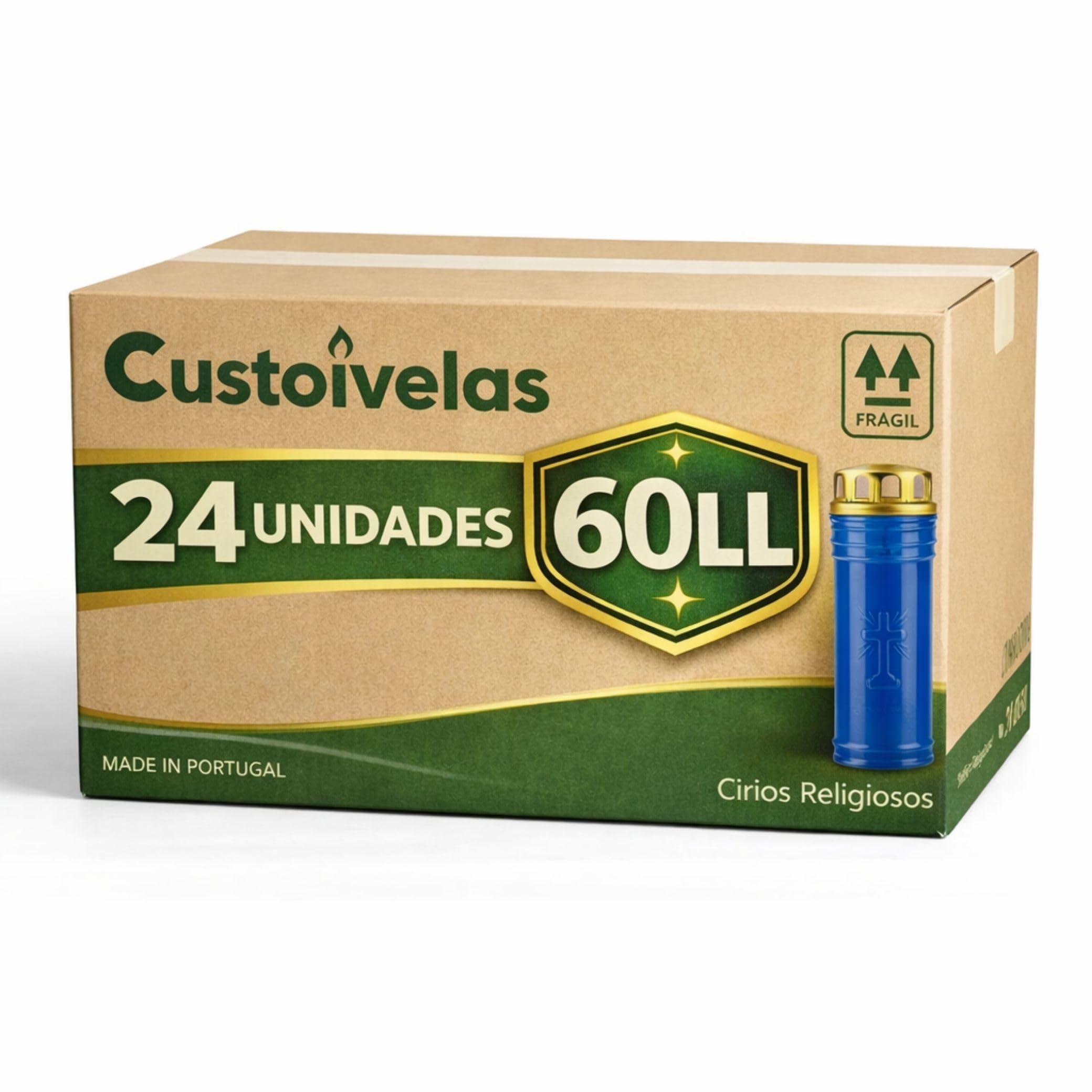 Bougie Cierge avec Couvercle de Sécurité 60LL – 24,5 cm | Longue Durée pour Cimetière, Extérieur et Cérémonies | Flamme Stable avec Protection | Pack 24 Unités (24, Bleu)