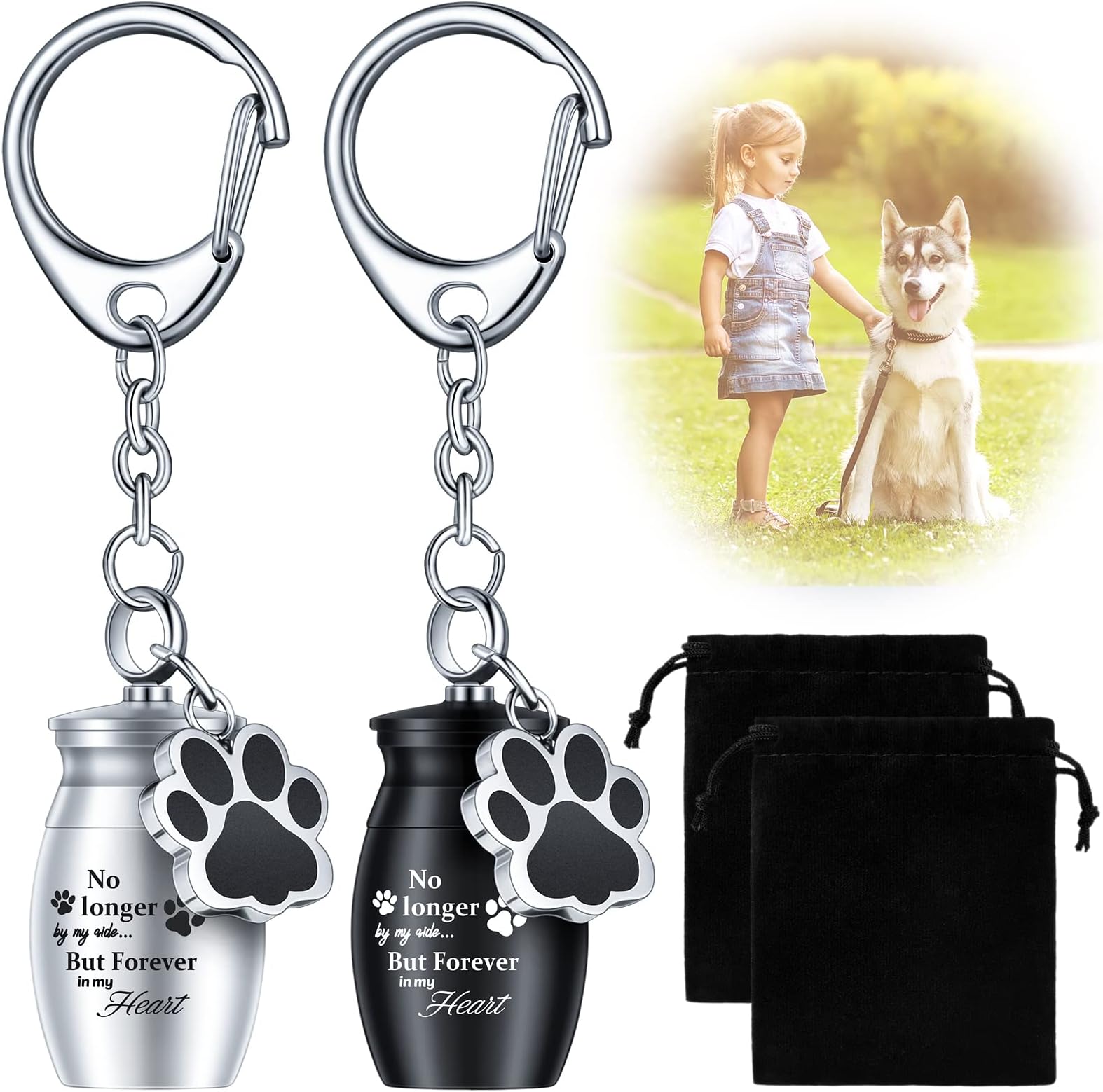 Tudomro 2 Pcs Pet Dog Urns Keychain for Ashes with 2 Storage Bags Small Cat Cremation Keepsake Jewelry Paw Print Memorial Urn