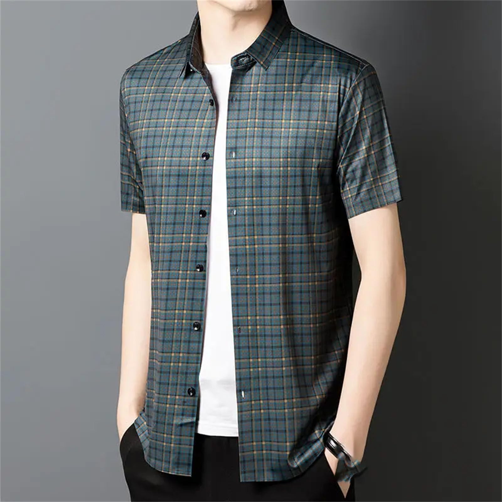 Camicia da uomo a maniche corte con bottoni, sottile, casual, resistente, design scozzese