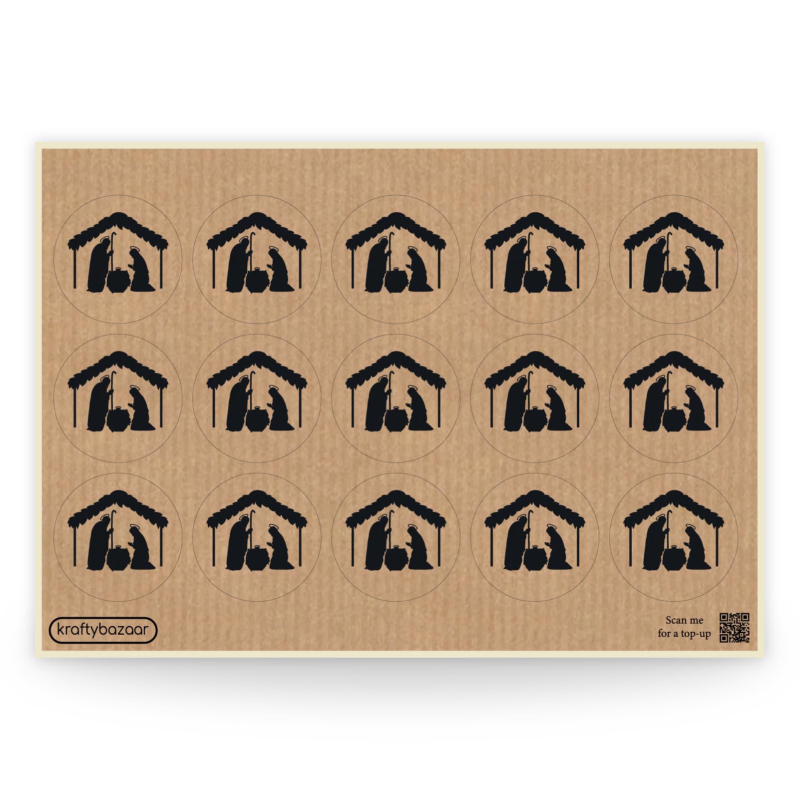Pack of 90 Silhouettes Christmas Nativity Scene Kraft Paper Labels - 37mm Round Self-Adhesive Nativity Stickers - Multipack Festive Stationery Craft Decor Vintage Christmas Labels