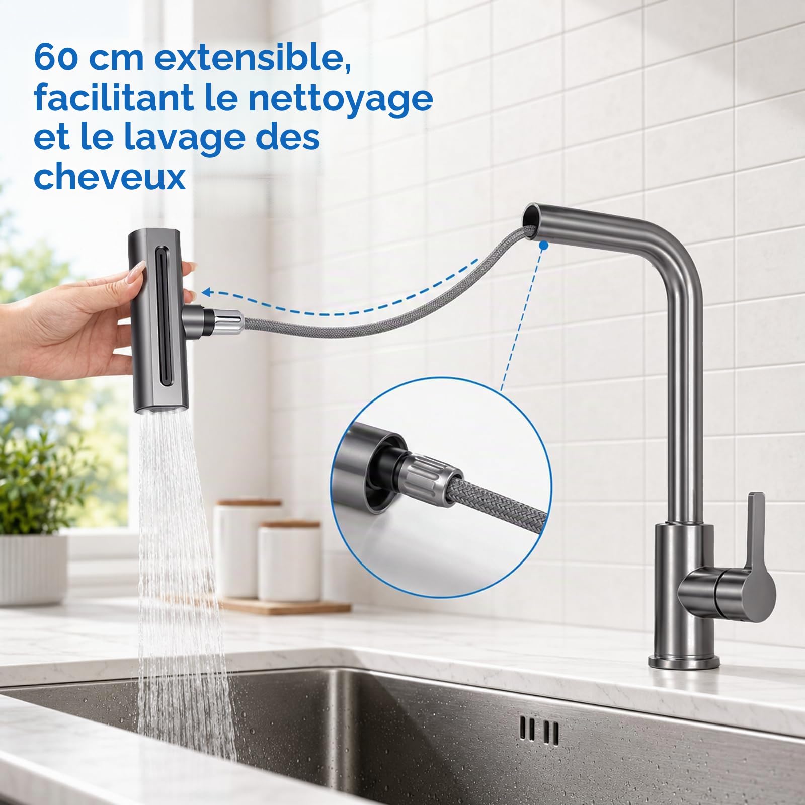 Robinet de Cuisine Rétractable – Mitigeur Évier 360° en Inox 304 Brossé, 4 Modes de Jet (Mousse/Lame/Pluie/Cascade), Douchette Extractible 60 cm