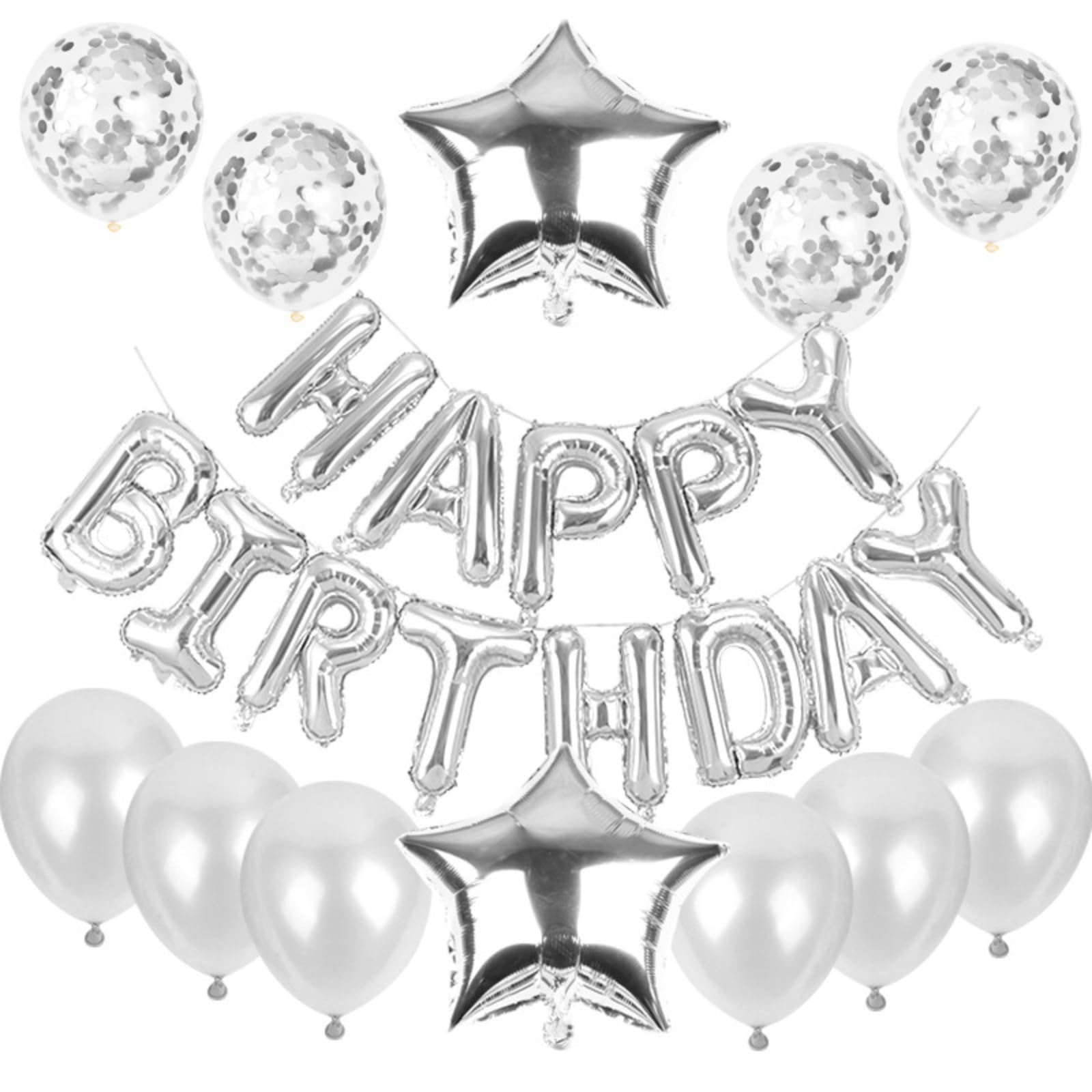NESLIN 25pcs Birthday Balloons Banner, 3D Premium Foil Ecofriendly 13pcs Letter Happy Birthday Banner with 4 Confetti Balloons, 2pcs Star Balloons Kits for Kids Birthday Party Decorations (Silver)