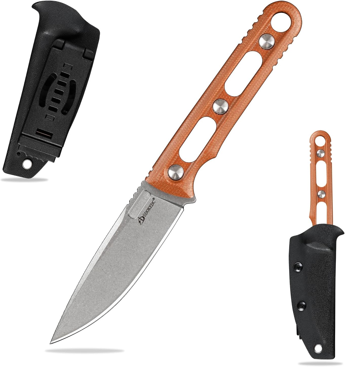 Knives DC53 Steel 3.66“Tactical Fixed Blade Knife Micarta Handle with kydex sheath for Men EDC Outdoor Camping Survival Hunting (White stone wash+brown handle)