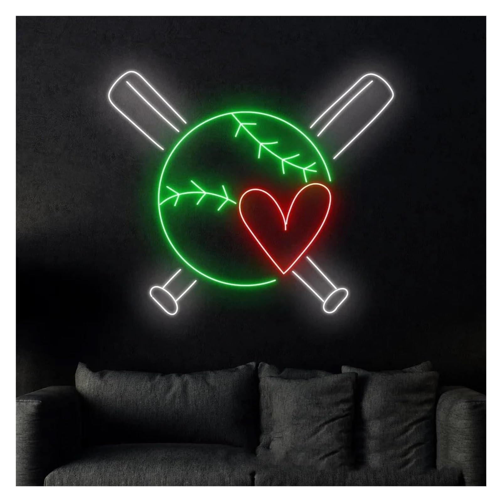 Scritta luminosa Insegna Al Neon A Forma Di Cuore Con Mazza Da Baseball Per La Decorazione Di Negozi Di Baseball, Club E Stanze Per Amanti Dello Sport 38cm