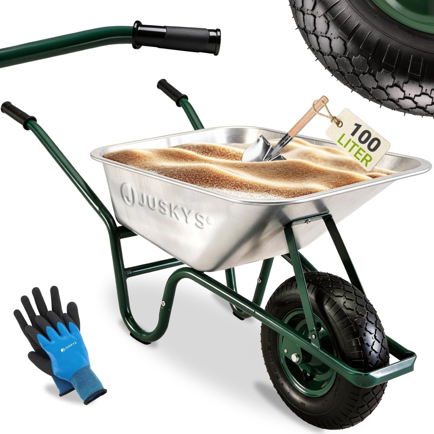 Juskys Schubkarre 100L, 250 kg – mit verzinkter Wanne, Luftreifen & Metall Felge, stabile Garten Schubkarre & Schiebkarre – Transportkarre Garden Silber