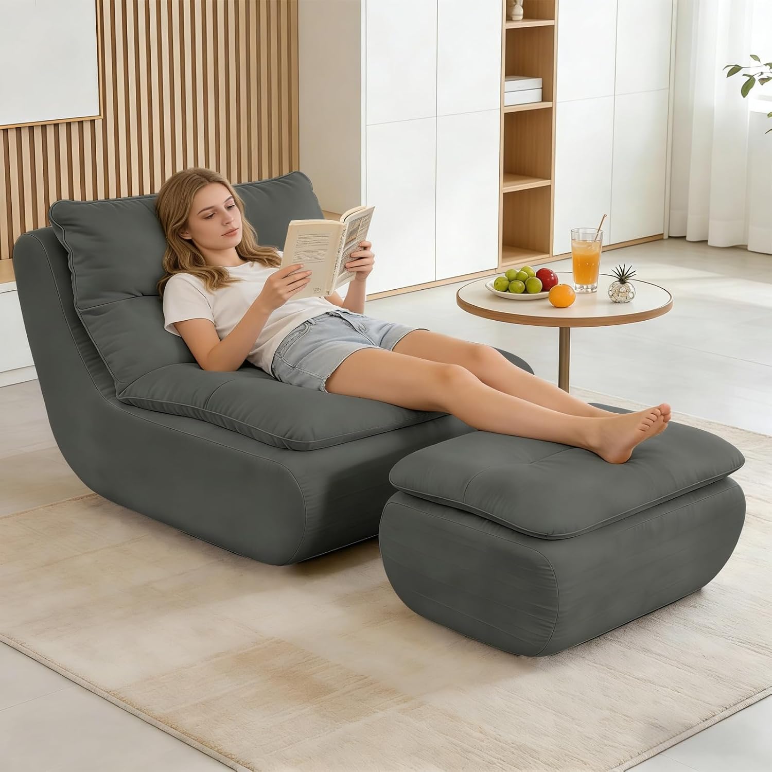 Bean Bag Chair with Ottoman, Large Memory Foam Filled Floor Sofa for Adults and Kids, Lazy Lounge Chair for Bedroom Living Room, Deep Gray