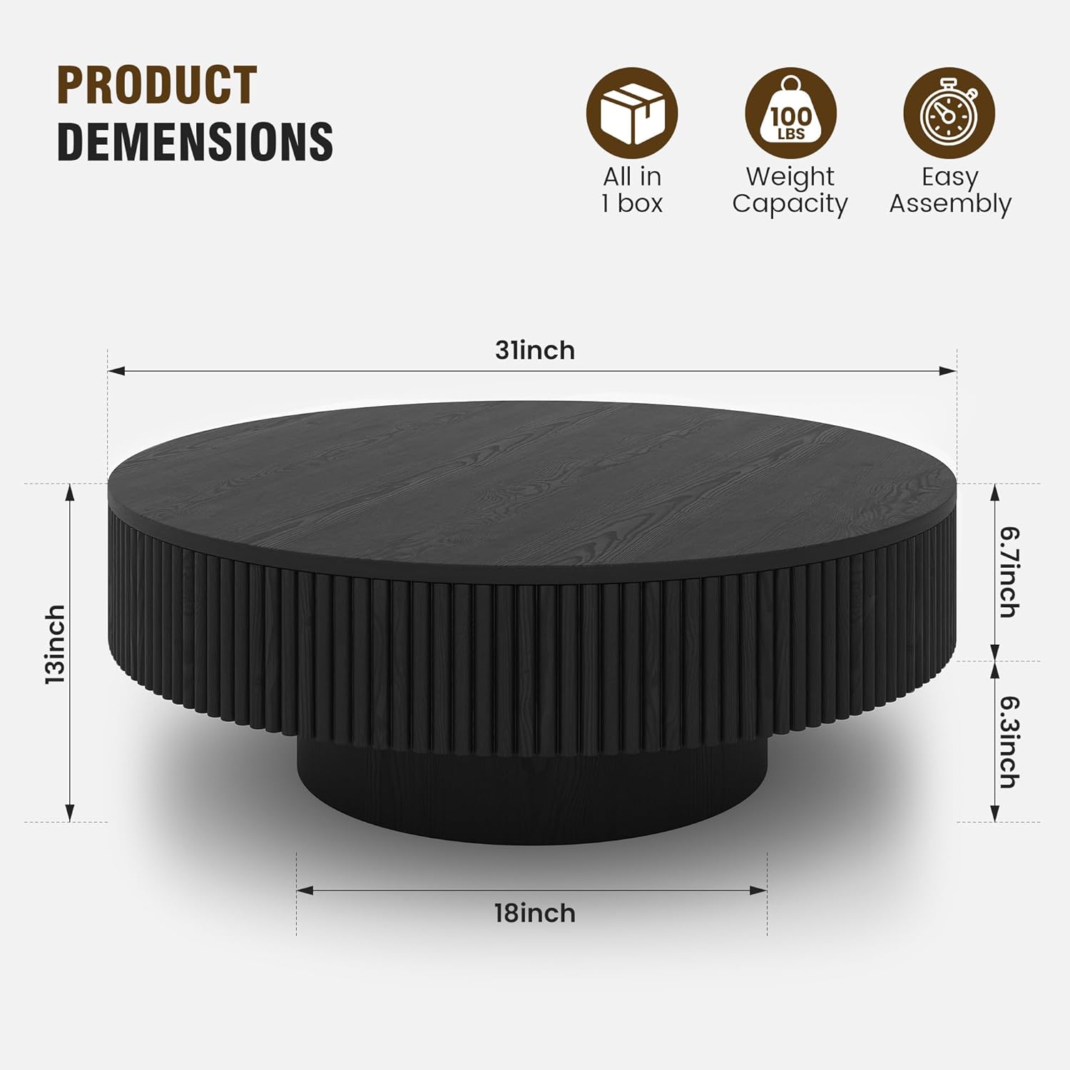 Apicizon 31.5'' Black Round Fluted Coffee Table for Living Room, Mordern Wood Drum Coffee Table for Small Space, Mid-Century Center Accent Table for Apartment