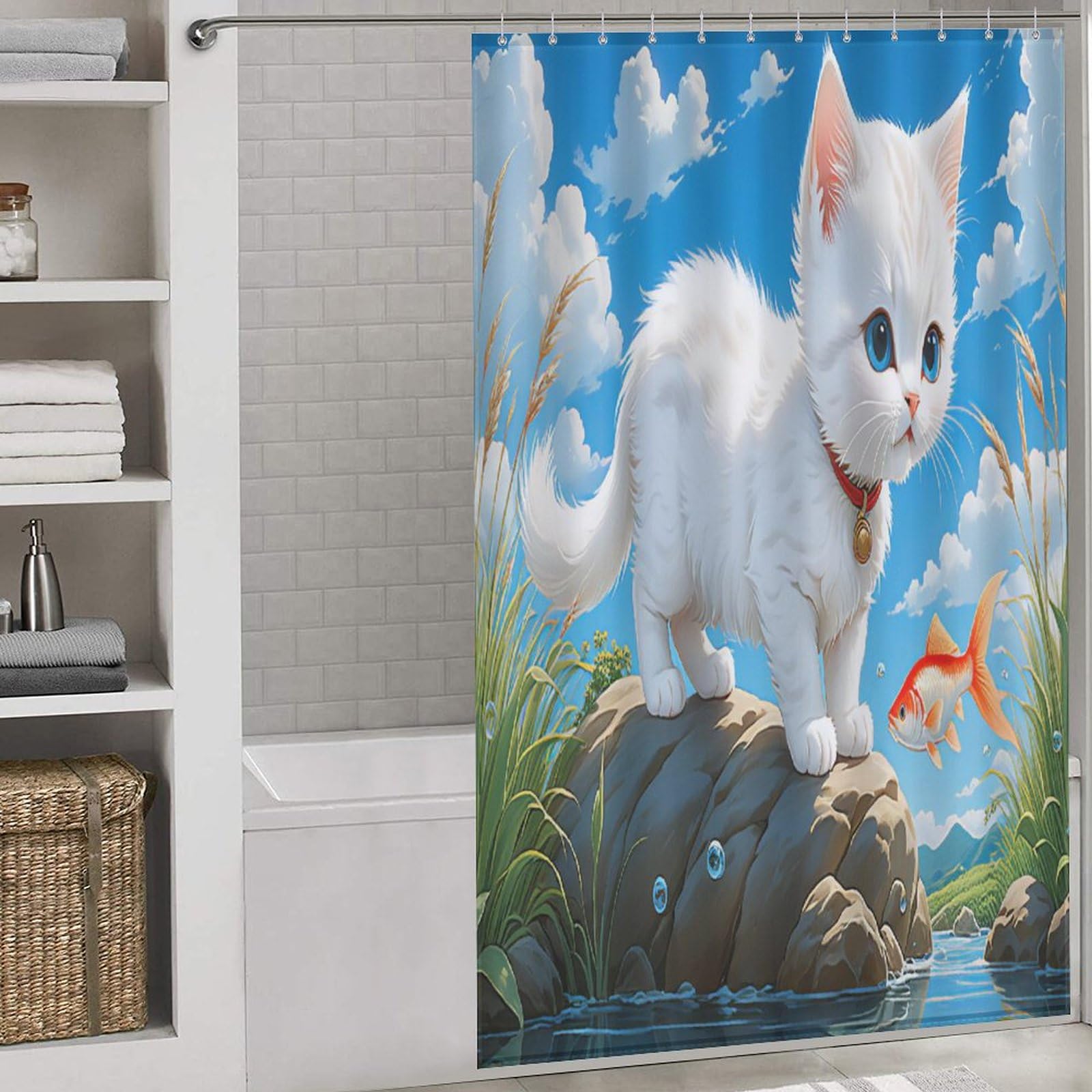 Rideau de douche chat mignon en polyester pour transformer la salle de bain des enfants