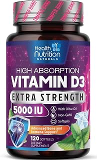 Vitamin D3 5000iu (125mcg) Per Serving - Extra Strength Vitamin D for Bone Health, Teeth, Muscle & Immune Support - High Absorption D3 Supplement - Non-GMO Gluten Free - USA Bottled - 120 Softgels