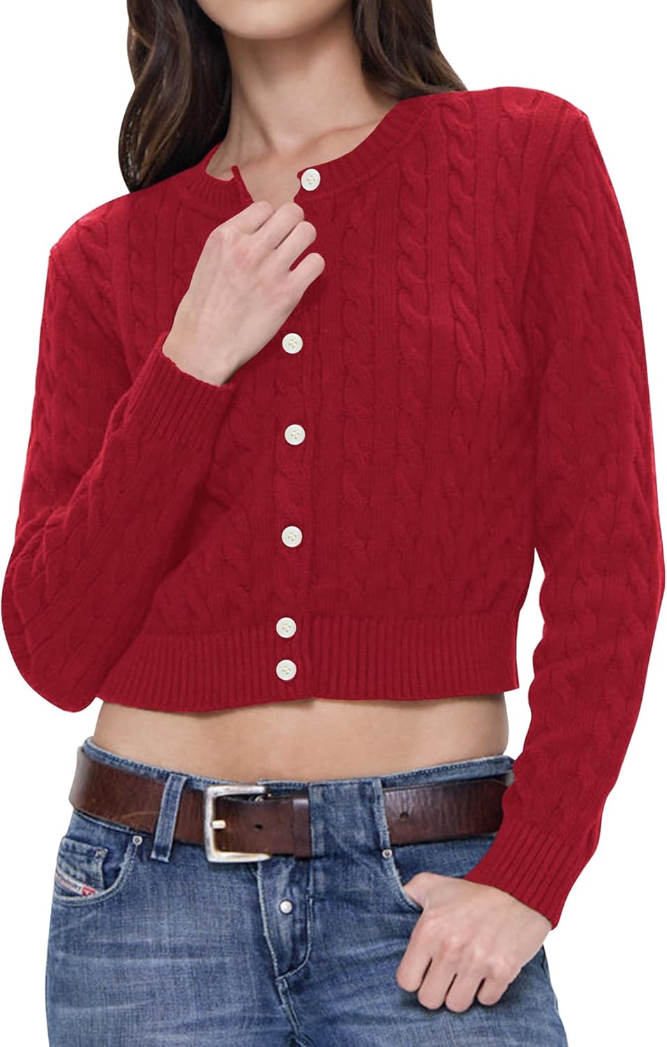 Balimtoy Women Cable Knit Cardigan Cropped Long Sleeve Crew Neck Button Down Sweater Cardigans Cute Y2k Fall Jackets