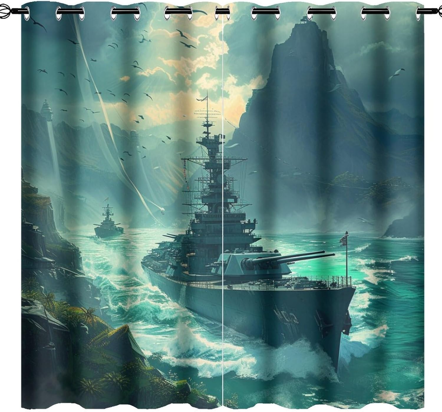 Watercolor Nautical Navy Battleship Perforated Curtains for Bedroom Living Room,Abstract US Army Battleships Ocean Animals Seagulls Curtains Window Treatments Panels-2 Panels 45" L x21 W