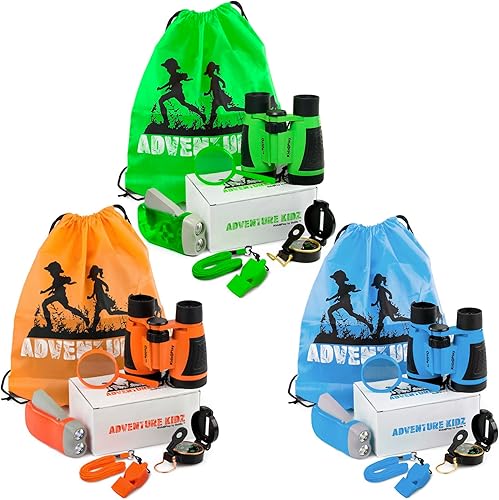 Adventure Kidz - Kit de exploración al aire libre, binoculares con estuche, linterna, brújula, silbato, lupa, mochila, paquete (21 artículos)