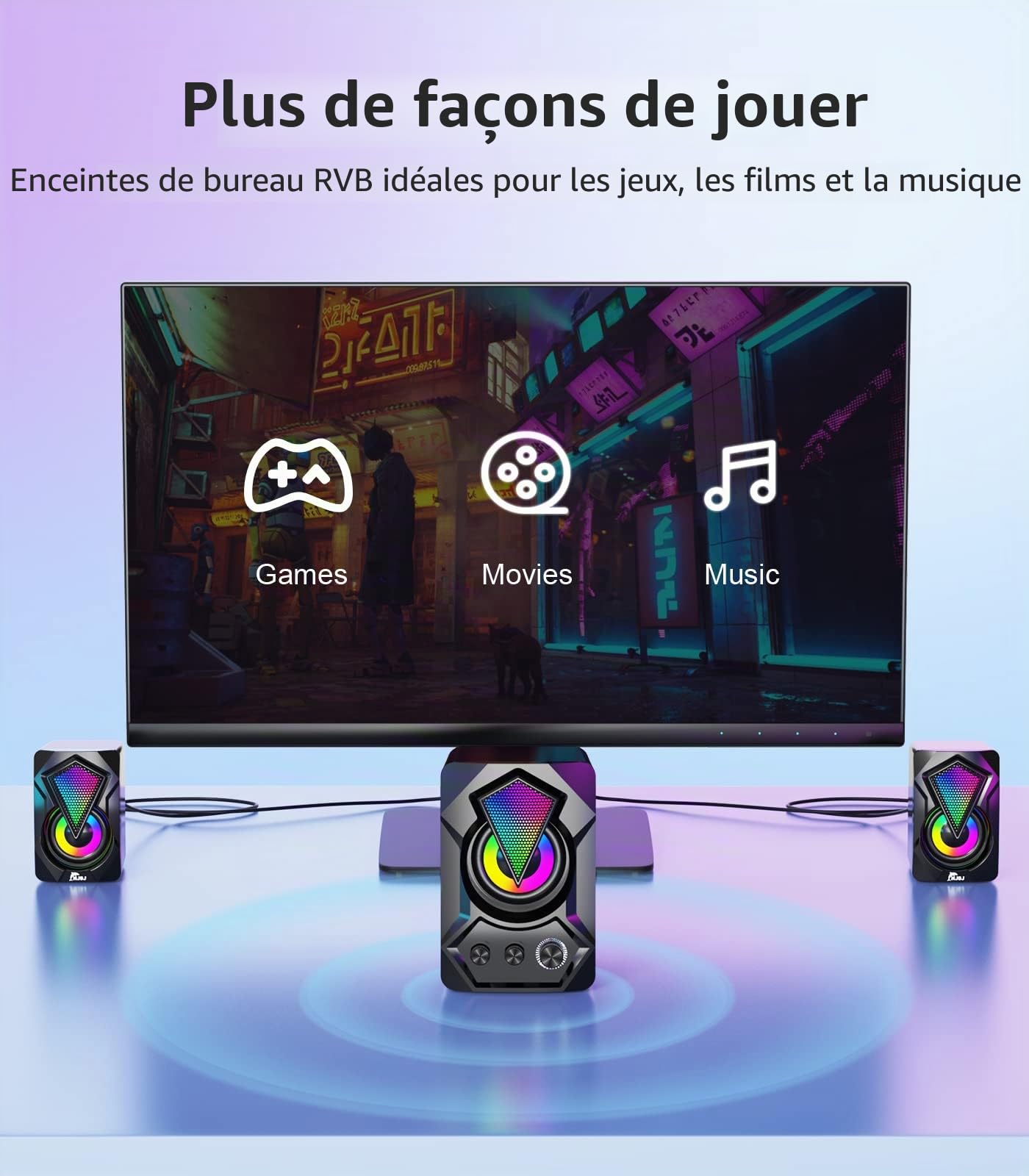njsj 2.1 Enceinte PC avec Caisson de Basses, Système d'enceintes de Jeu LED RVB Son Riche, Audio 3,5 mm, Basse alimentée par USB pour PC, PS4/5,TV, Smartphone,Tablette,Lecteur