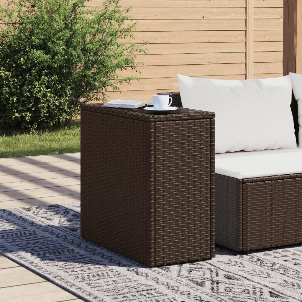 Stół ogrodowy ze szklanym blatem, brązowy, 58 x 27,5 x 55 cm, rattan, odporny na warunki atmosferyczne, stabilna rama, na taras, balkon, do ogrodu, stół pomocniczy, stolik pomocniczy