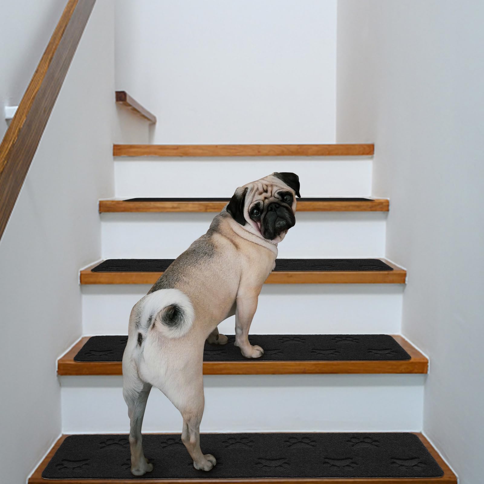 JOYDREAM Stair Tread Carpet Non Slip Stair Runners for Wooden Steps Indoor Rugs for Stairs Mats Polyester TPR Peel and Stick Stair Treads Set of 15 for Kids and Dogs, 8" X 30", Black Paw Print