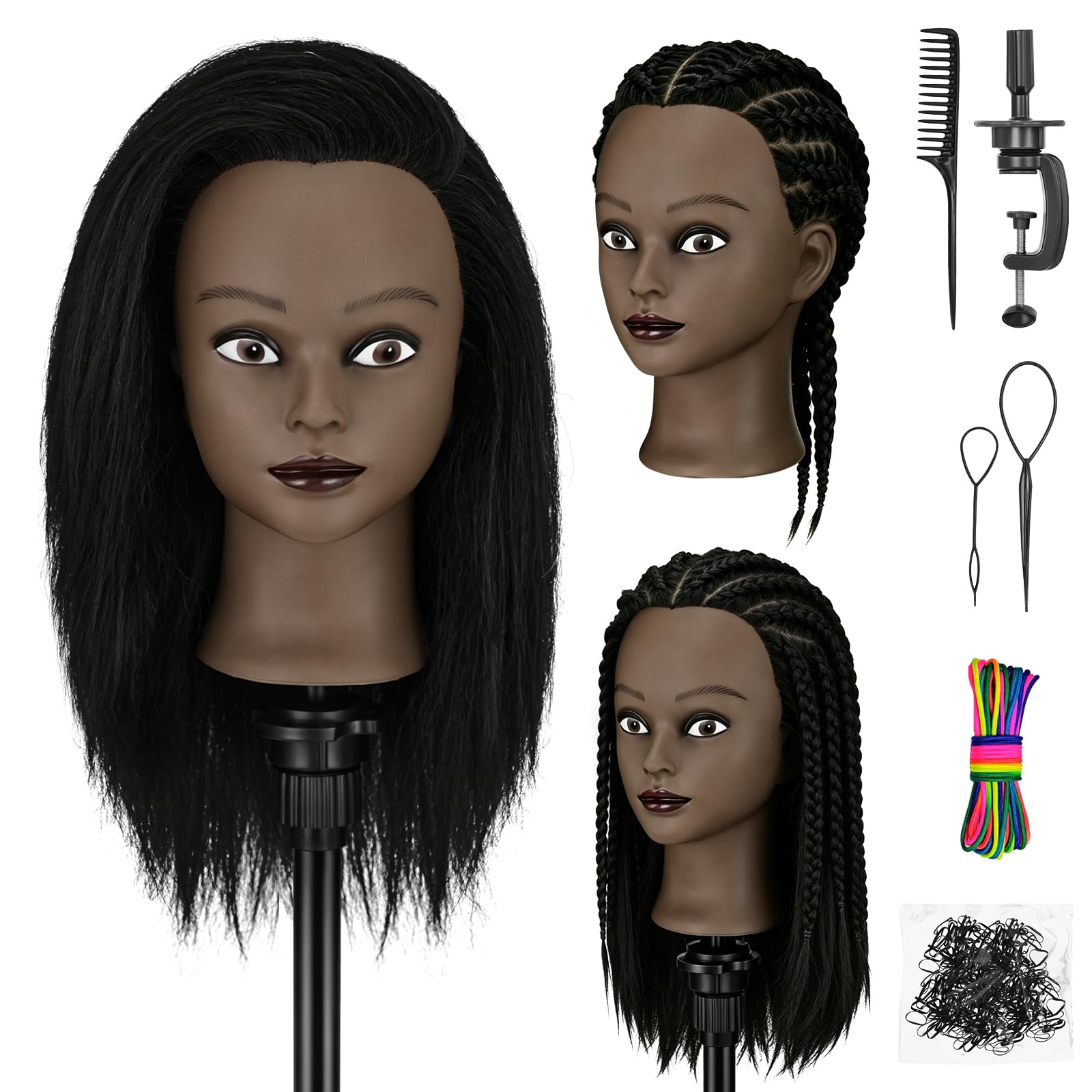 TwoWin 16 Zoll /40 cm Afro Trainingsköpfe für Friseure, Frisierkopf mit 100% Echthaar, Übungskopf Afrikanischer Friseurkopf Puppenkopf mit Tischhalter + Haar Styling Braid Set (Schwarz)