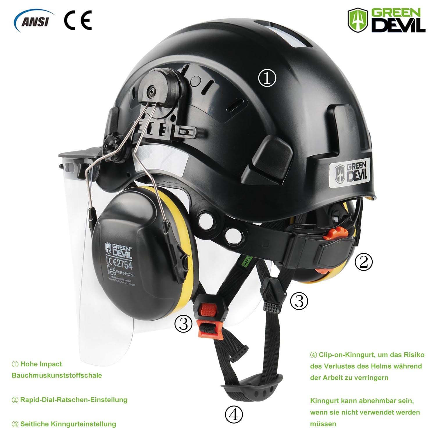 GREEN DEVIL Shield LD: actieve gehoorbescherming met Bluetooth 5.3-technologie, geïntegreerde microfoon EN352, SNR 32 dB voor maaien en luide geluiden, accessoires