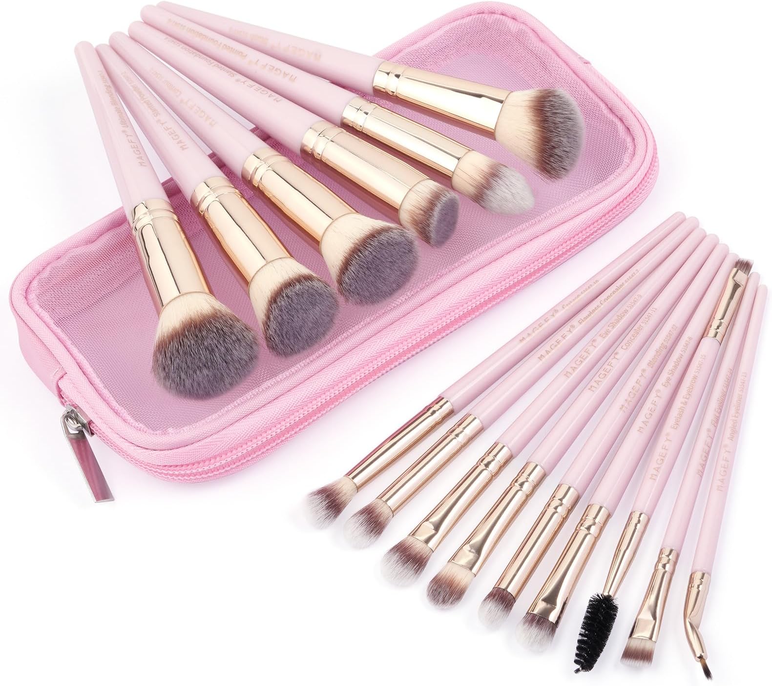 MAGEFY Makeup Brushes, 15 Pcs Premium Synthetic Make Up Brushes with Case Foundation Powder Concealers Eye shadows Makeup Brush Set（Pink)