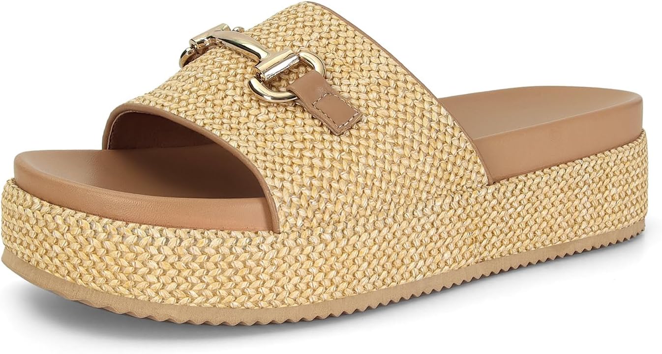 RJYLP Natural Raffia Platform Sandals for Women Raffia Espadrilles Comfortable Open Toe Slip On Summer Beach Slides Sandals - Image 5