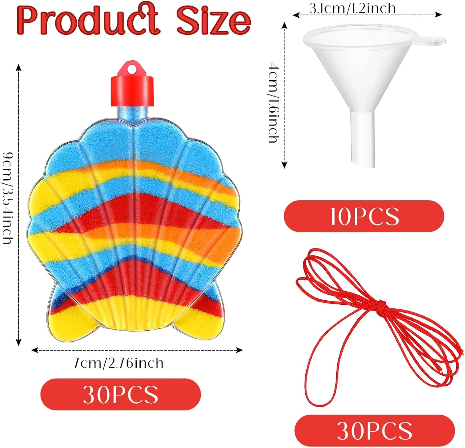 Yinkin 30 Pcs Sand Art Bottle Shell Necklaces Art Craft Bulk for Kids Craft Party Supplies Party Favors DIY Activity Group Included 10 Pcs Small Clear Plastic Mini Funnels, Sand Not Included