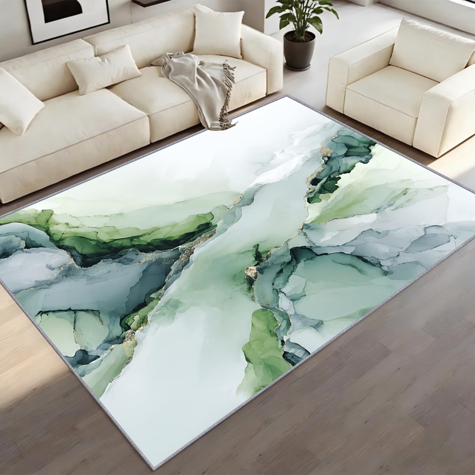 CAQDUEP Green And Gold Marble Area Rug 180x270cm Luxury Emerald Marble Rug For Bedroom, Modern Abstract Carpet Non-Slip Washable Rugs For Living Room Home Decor