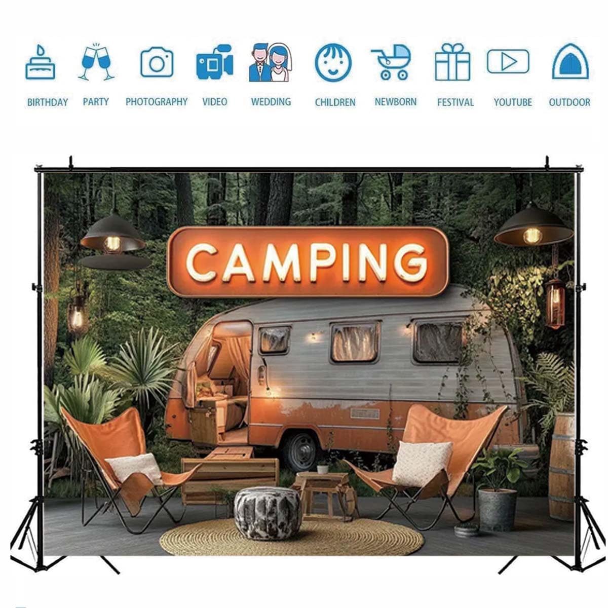 Fondo de fotografía de caravana vintage de bosque de campamento, telón de fondo de campamento feliz con temática de camping y naturaleza, reutilizable, telón de fondo de aventura al aire libre