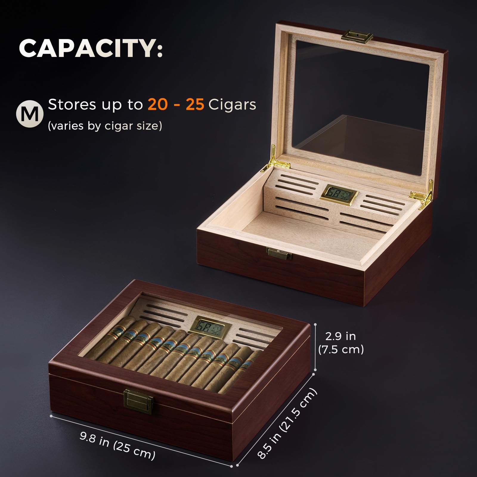 ProCase Cave à Cigares avec Hygromètre Numérique et Humidificateur, Boîte à Cigares avec Intérieur en Bois de Cèdre pour 20 à 25 pcs, Humidor Idéal pour Homme Amateur de Cigares Cubains -M
