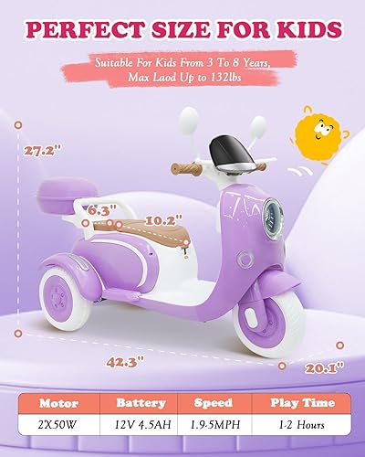 Vista 6 de Motocicleta de 12 V y 2 plazas para niños, scooter eléctrico con control remoto, caja de almacenamiento, música, luz LED, bocina, motor de 2 x 50 W