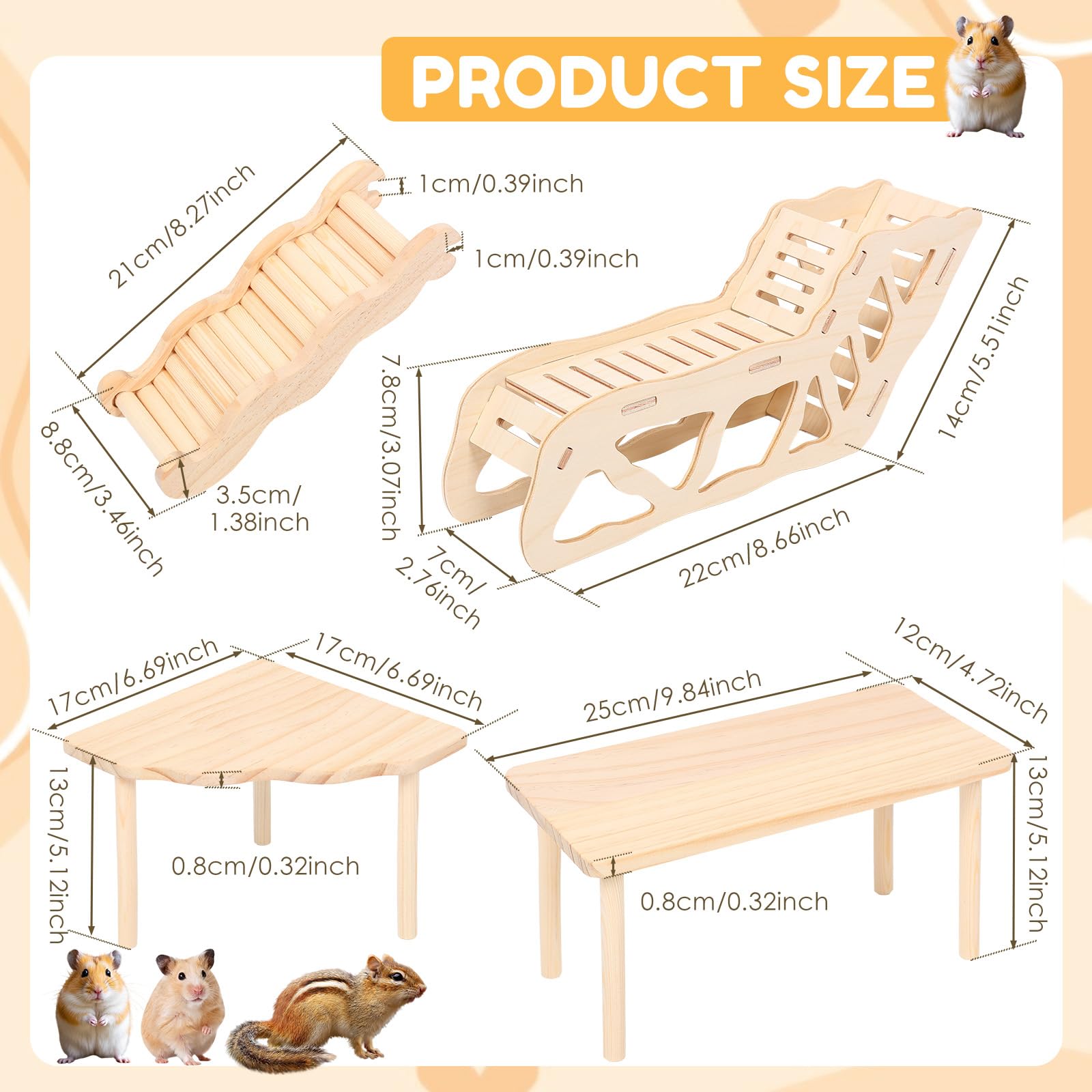 4-Piece Set Hamster Play Wooden Platform, Hamster Hides Tunnel Shelter w Ladder, Small Animal Wood Stand, Hamster Toys Cage Accessories for Dwarf Syrian Hamsters Gerbils Mice Degus or Other Small Pets - 3