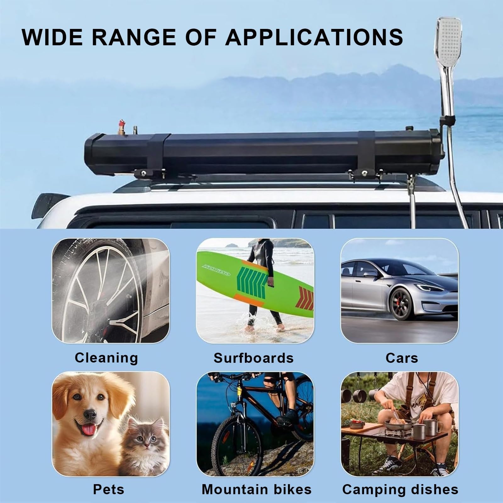 Douche extérieure portable avec chauffage solaire, réservoir d'eau sous pression et pommeau de douche pour le camping, la randonnée, le lavage de voiture et le nettoyage des animaux domestiques
