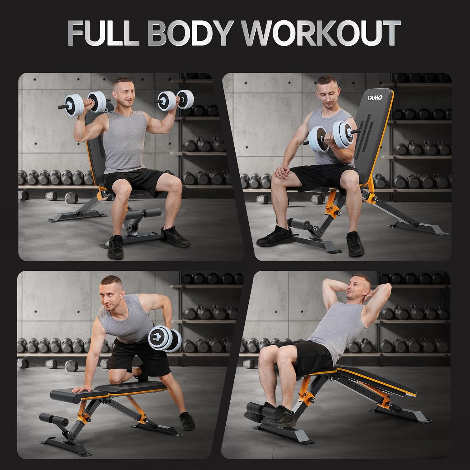 YAMO Adjustable Weight Bench for Full Body Workout, Foldable Workout Bench of Home Gym, Bench Press Strength Training, Incline Decline Flat Utility Workout Bench with Quick Folding Space Saving