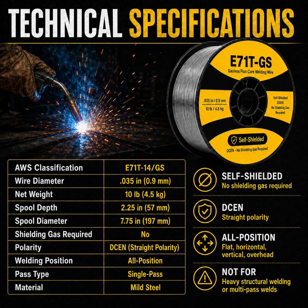 E71T-GS - Alambre de soldadura MIG de núcleo de flujo de 0.35 pulgadas x 10 libras, acero al carbono suave sin gas, compatible con soldadores Lincoln, Miller, Forney y Harbor Freight, alambre