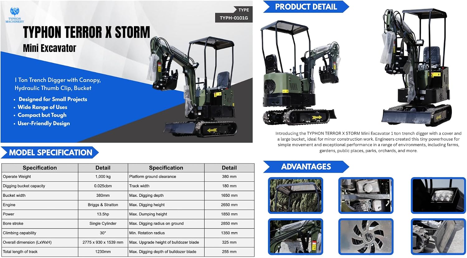 TYPHON Terror X Storm Mini Excavator – 1 Ton Trench Digger with Canopy, Wide Bucket – Mini Excavator Machine for Garden, Farms, Parks, Roads – Ideal for Digging, Drilling, Bull-Dozing