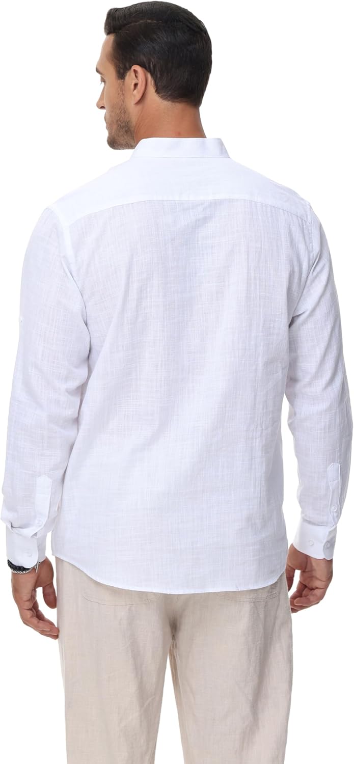 Cotton Linen Shirts for Men Lightweight Casual Long Sleeve Henley Beach Hawaiian Tops - Image 4