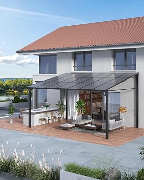 Hetoy 12 x 14 Lean to Gazebo for Patio, Hardtop Gazebo with Sloped Roof, Wall Mounted Awning Shelter with Waterproof & UV-Protected Canopy, Outdoor Aluminum Patio Covers for Deck, Porch, Backyard
