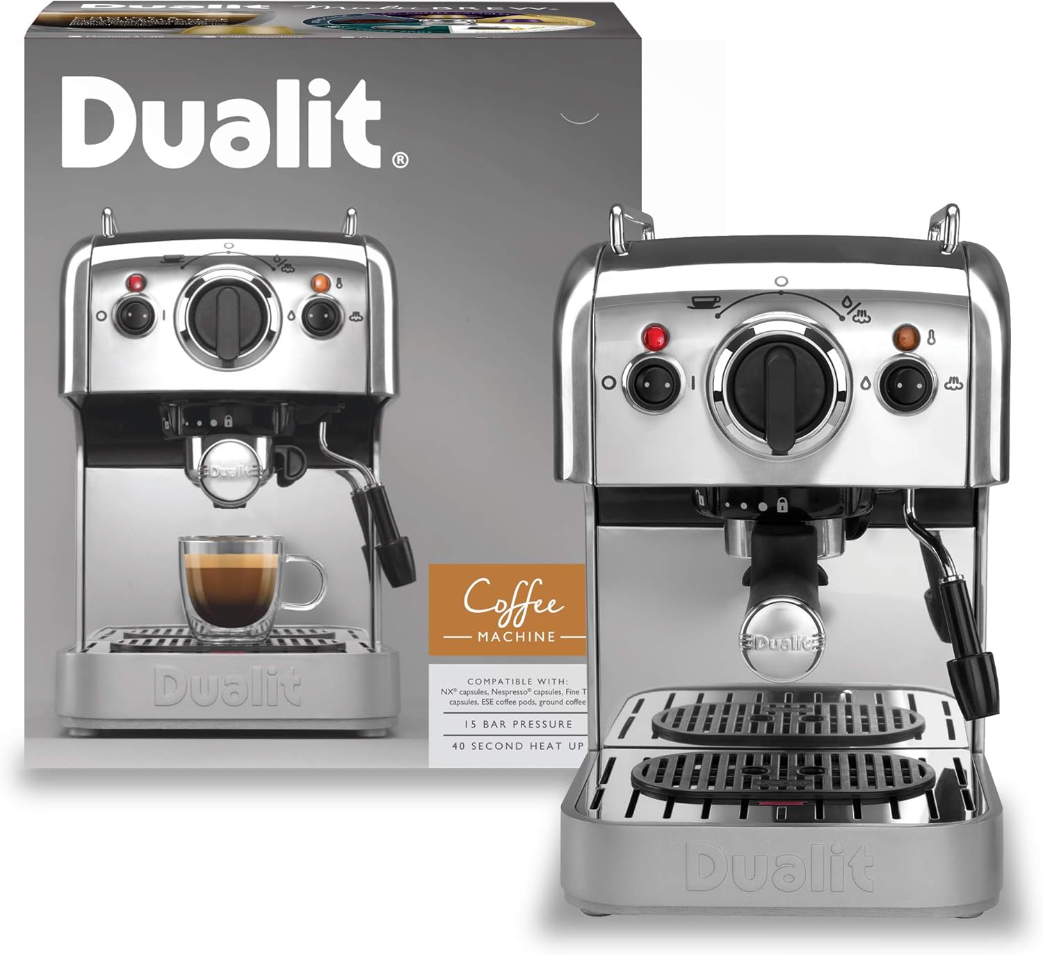 Diagram showing the dimensions of the Dualit Espressivo Coffee Machine: 12.9 inches (33 cm) height, 8.1 inches (20.7 cm) width, and 11.1 inches (28.4 cm) depth.