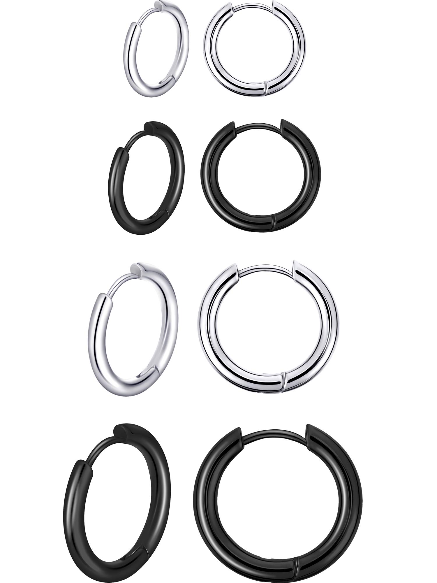 Boao 4 Pares Pendientes de Aro de Acero Inoxidable Anillos de Labios Nariz Pendientes de Aro Pequeños de Cartílago para Hombre y Mujer (8 mm, 10 mm, 12 mm, 14 mm, Color de Acero, Negro)