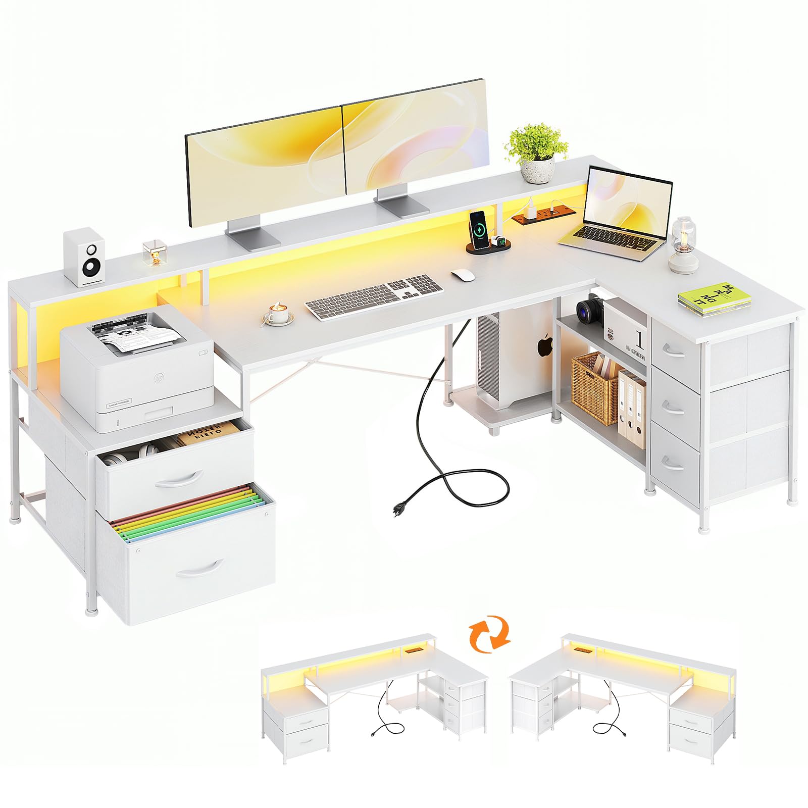 VERMESS L Shaped Desk with 5 Fabric Drawer, 74" Computer Desk with Power Outlet, Home Office Desk with Storage Shelves & File Drawer, Gaming Desk with Led Lights, White
