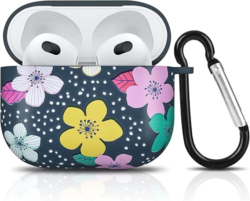 Bonita funda de flores compatible con AirPods 3 (2021) con llavero diseño floral, funda protectora de silicona suave a prueba de golpes para Airpods