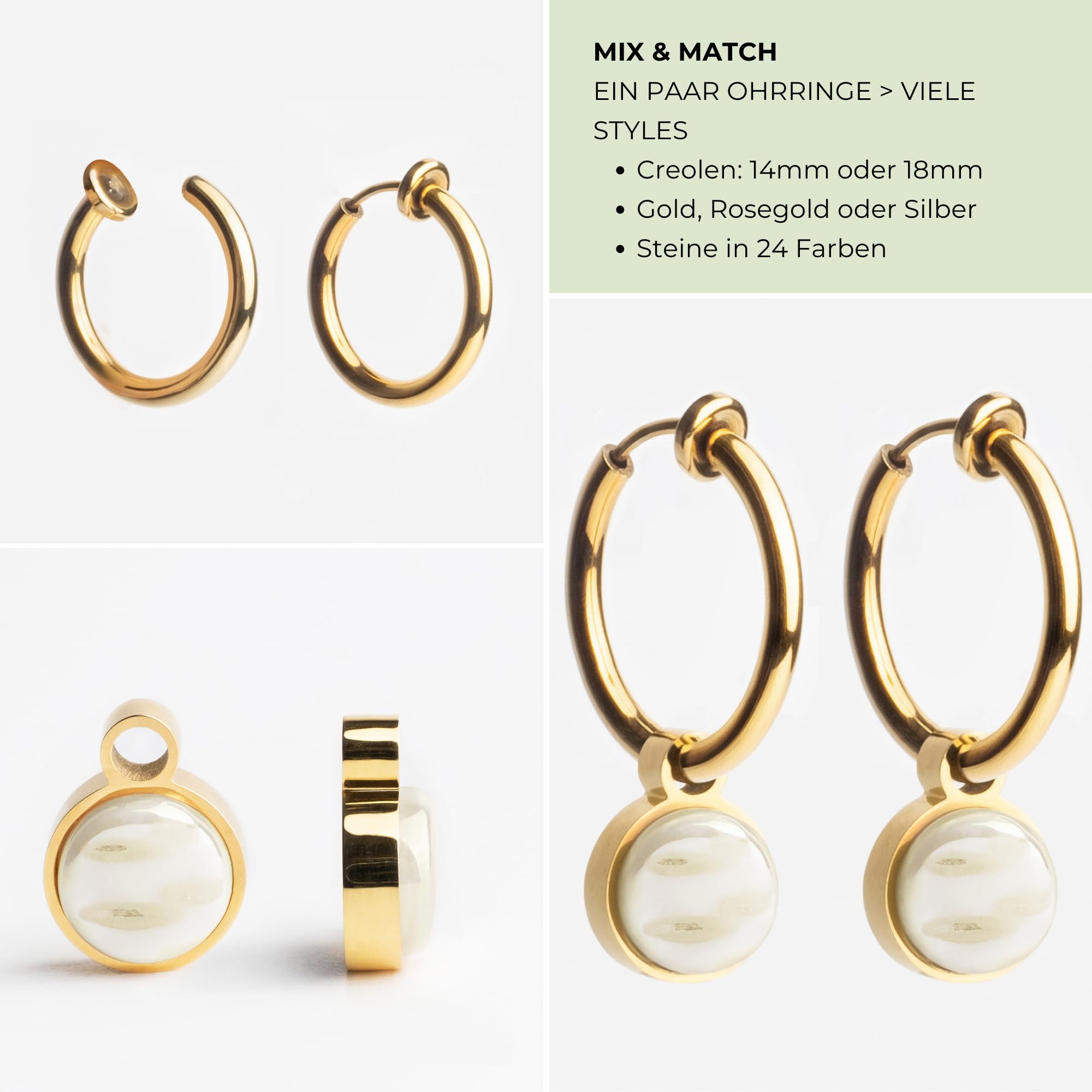 Ohrclips Creolen Gold • Clip Ohrringe mit Charm zum Wechseln • 18k vergoldeter Edelstahl & recyceltes Glas • nachhaltig & handmade • MIX AND MATCH • Ø 18 mm